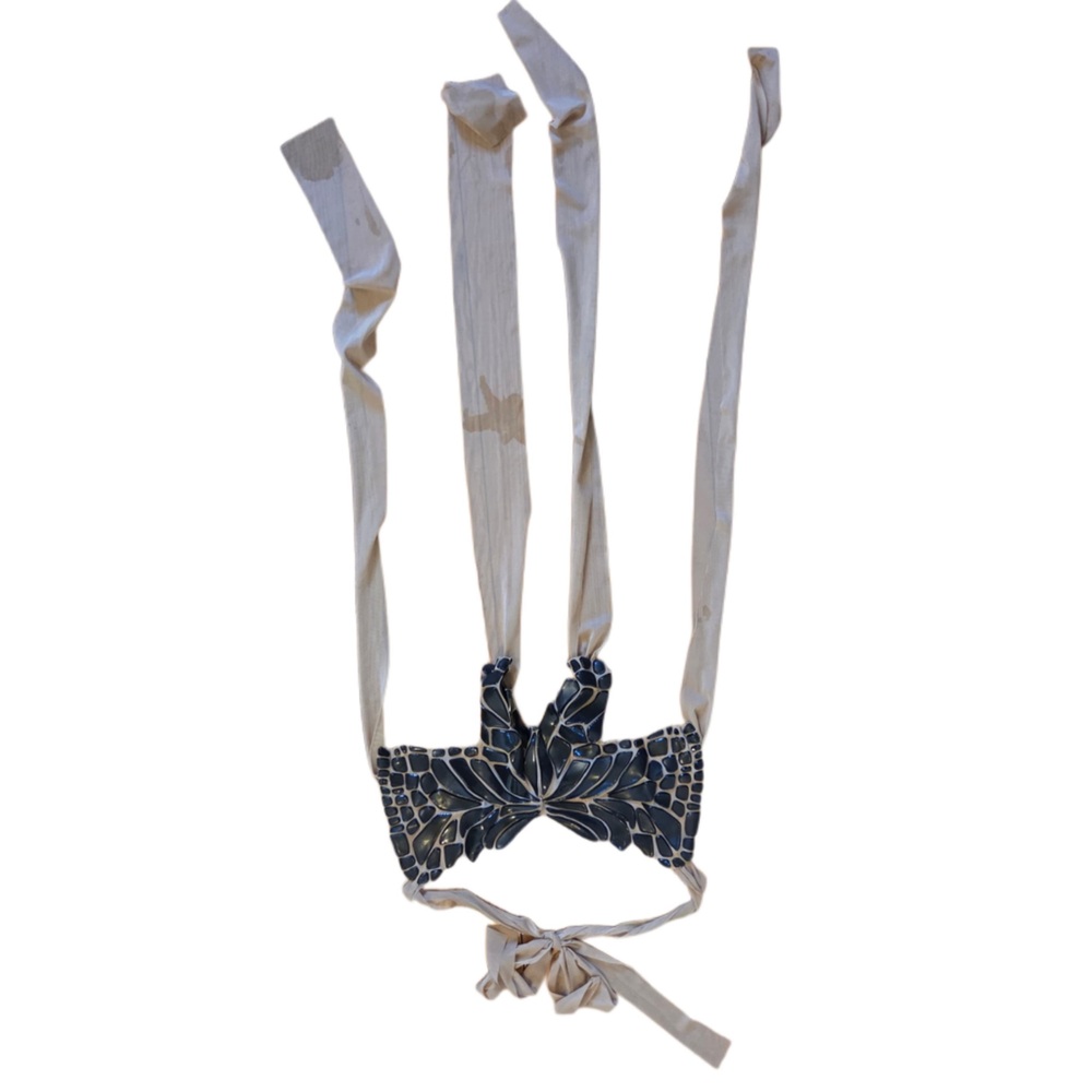 Patent Vegan Leather Paved Meshed Bralette Halter Cream Black Ribbon Tie Top!